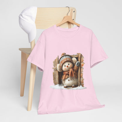 Waving Doorway Snowman Christmas T-Shirt - Cabin Snowman in Beanie & Ear Muffs