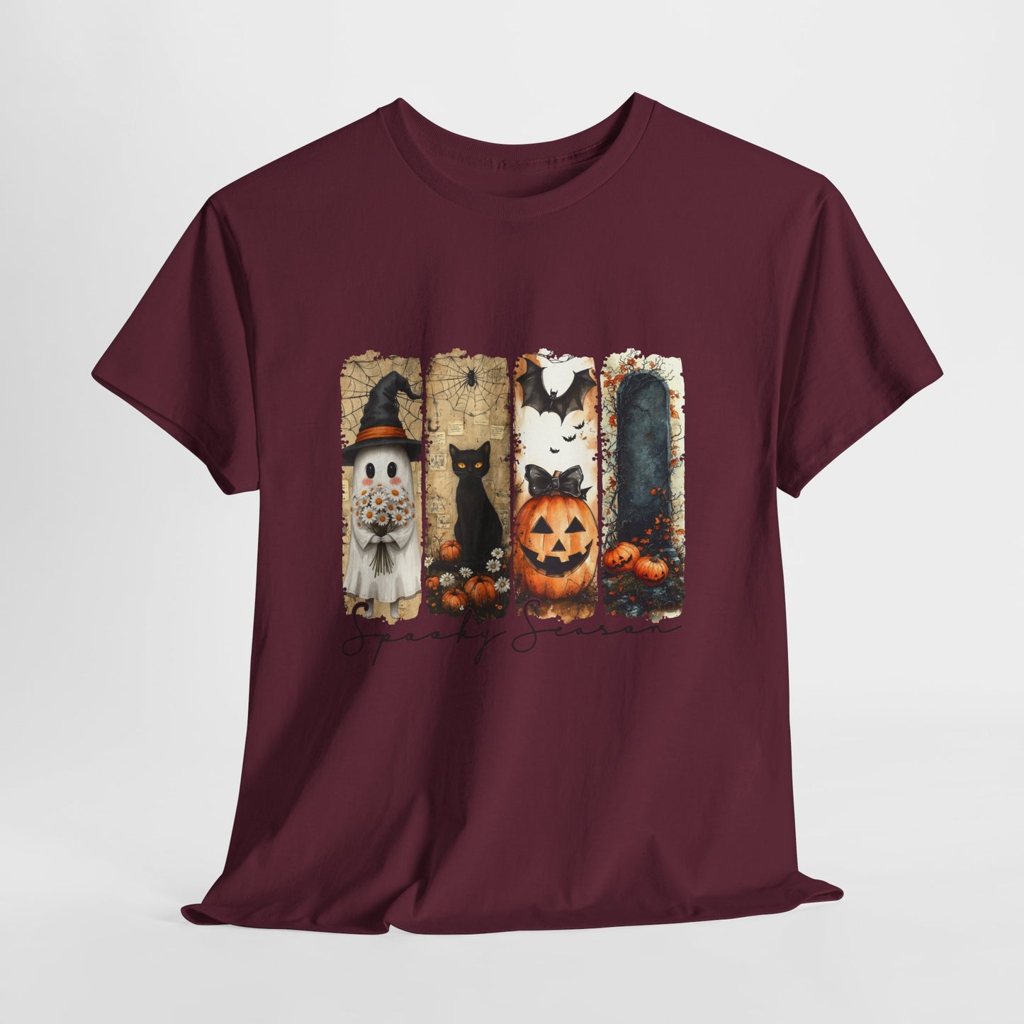 Spooky Season Panels Halloween T-Shirt with Ghost, Black Cat, Jack-O-Lantern & Bats