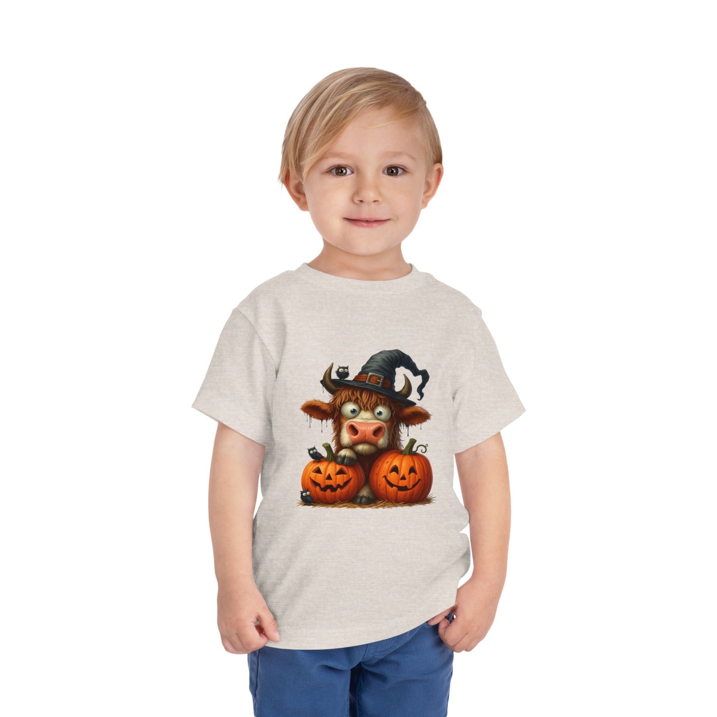 Cute Highland Cow Kids T-Shirt - Witch Hat & Pumpkins Toddler Tee