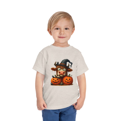 Cute Highland Cow Kids T-Shirt - Witch Hat & Pumpkins Toddler Tee