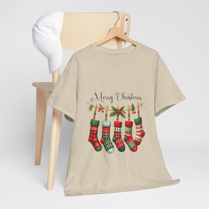 Merry Christmas Stockings T-Shirt - Five Plaid Stockings on Garland