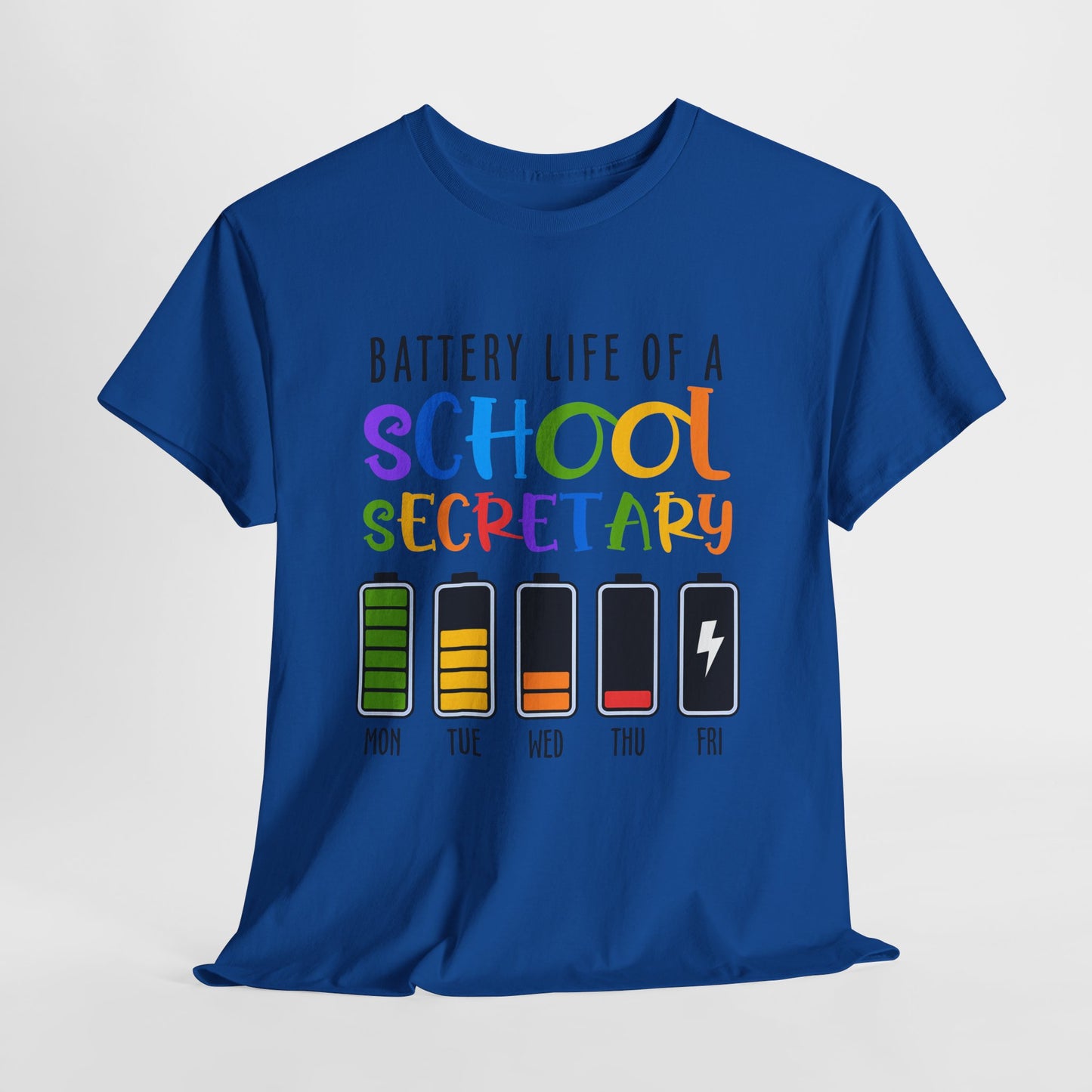 School Secretary Battery Shirt - Funny Rainbow Staff Tee for School Office Life, End of Year Exhaustion Gift for Secretaries