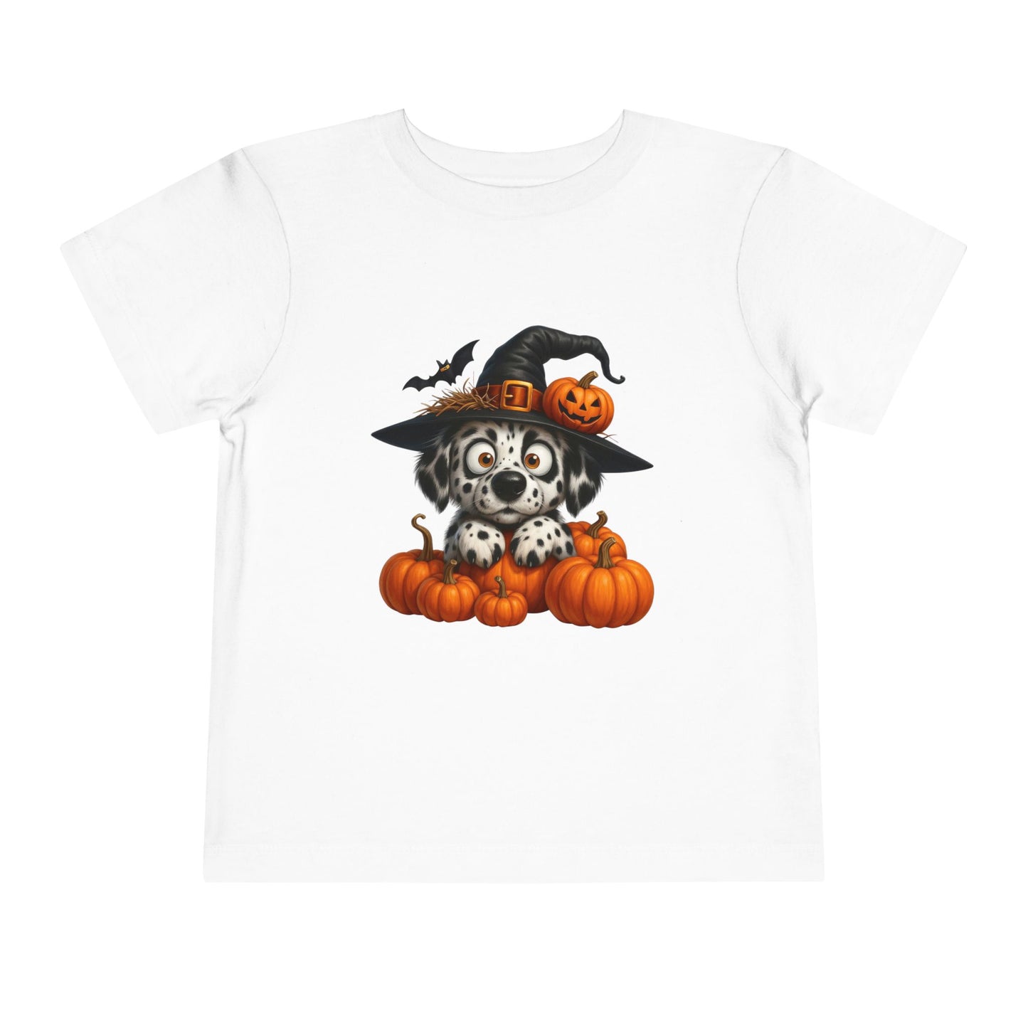 Cute Halloween Puppy Kids T-Shirt - Witch Hat & Pumpkins Toddler Tee