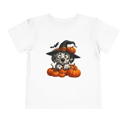 Cute Halloween Puppy Kids T-Shirt - Witch Hat & Pumpkins Toddler Tee