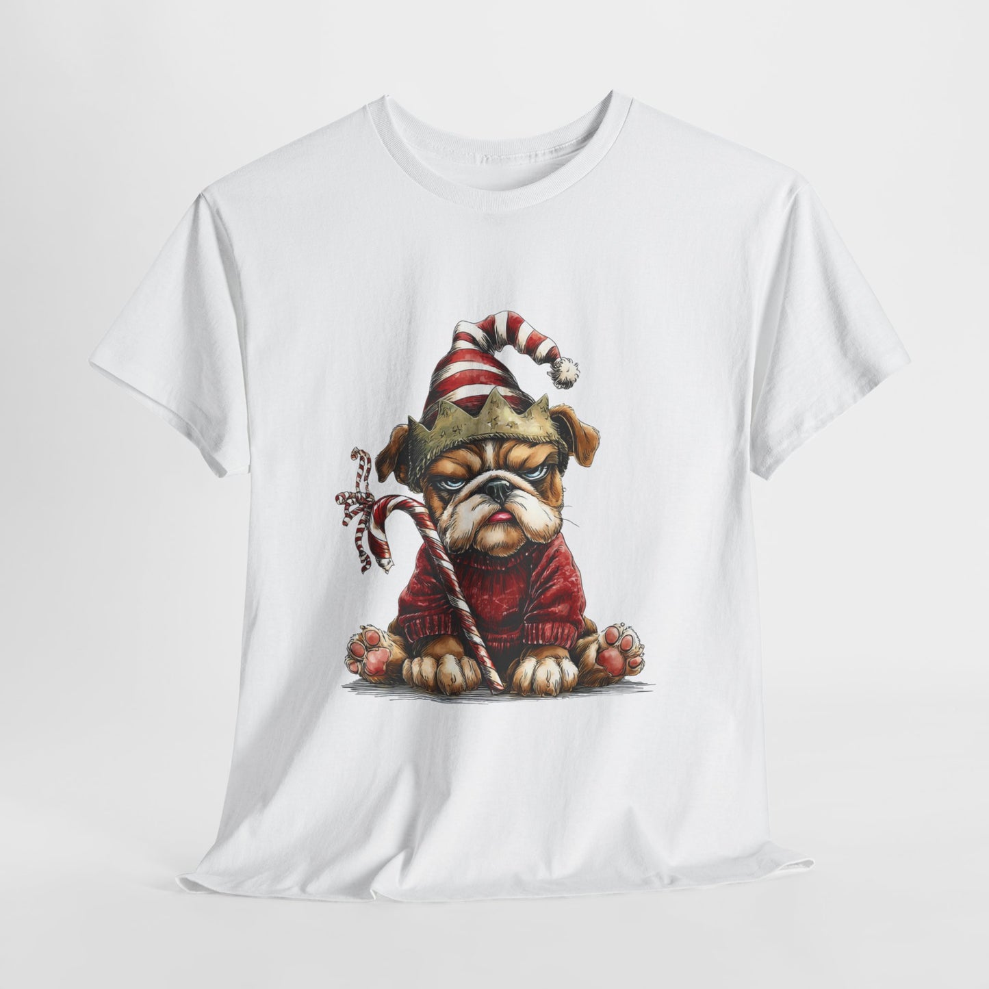 Grumpy Christmas Bulldog T-Shirt - Santa Hat Dog in Red Sweater