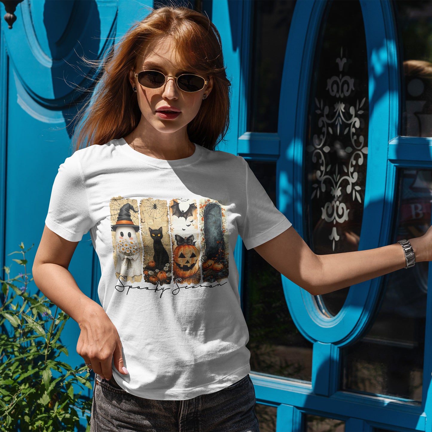 Spooky Season Panels Halloween T-Shirt with Ghost, Black Cat, Jack-O-Lantern & Bats