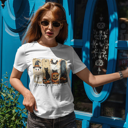 Spooky Season Panels Halloween T-Shirt with Ghost, Black Cat, Jack-O-Lantern & Bats