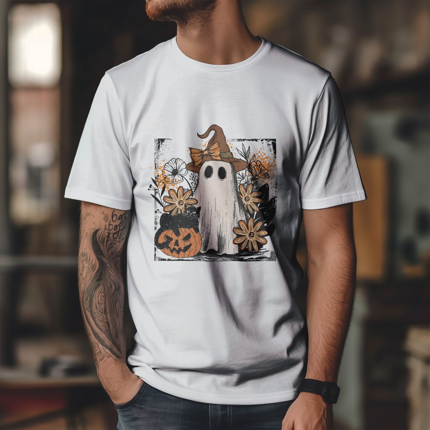 Floral Ghost Cat Pumpkin Halloween T-Shirt - Witch Hat Bow x Jack-O-Lantern