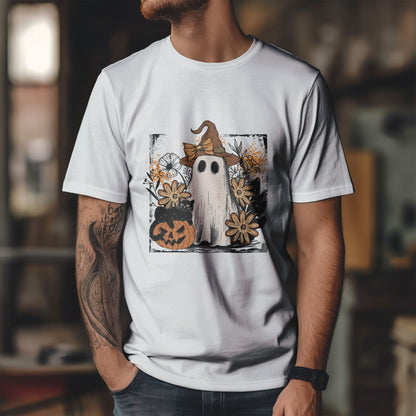 Floral Ghost Cat Pumpkin Halloween T-Shirt - Witch Hat Bow x Jack-O-Lantern