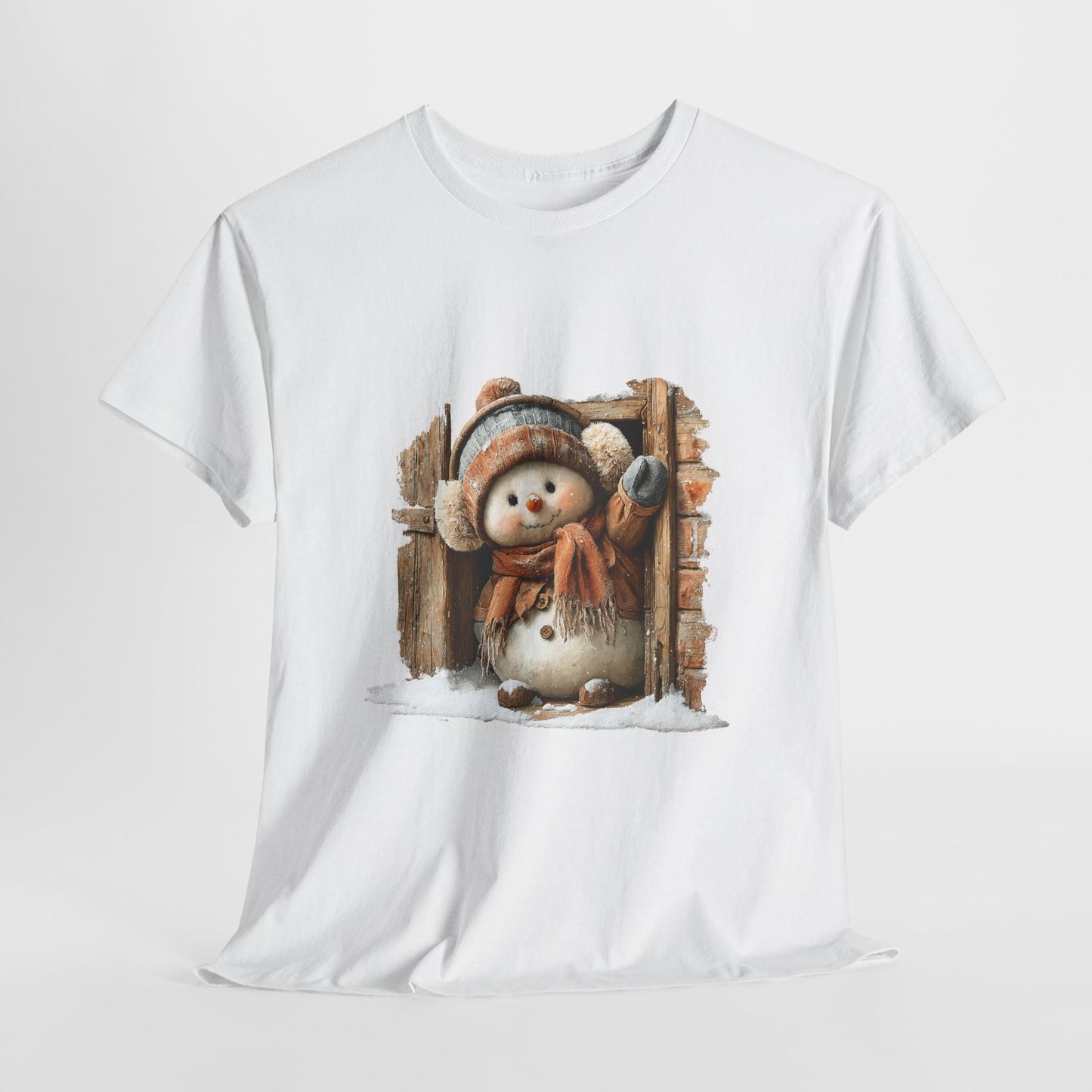 Waving Doorway Snowman Christmas T-Shirt - Cabin Snowman in Beanie & Ear Muffs