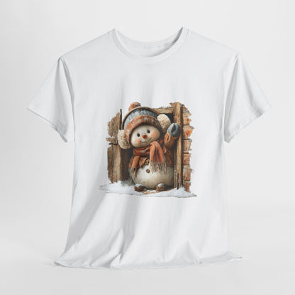 Waving Doorway Snowman Christmas T-Shirt - Cabin Snowman in Beanie & Ear Muffs