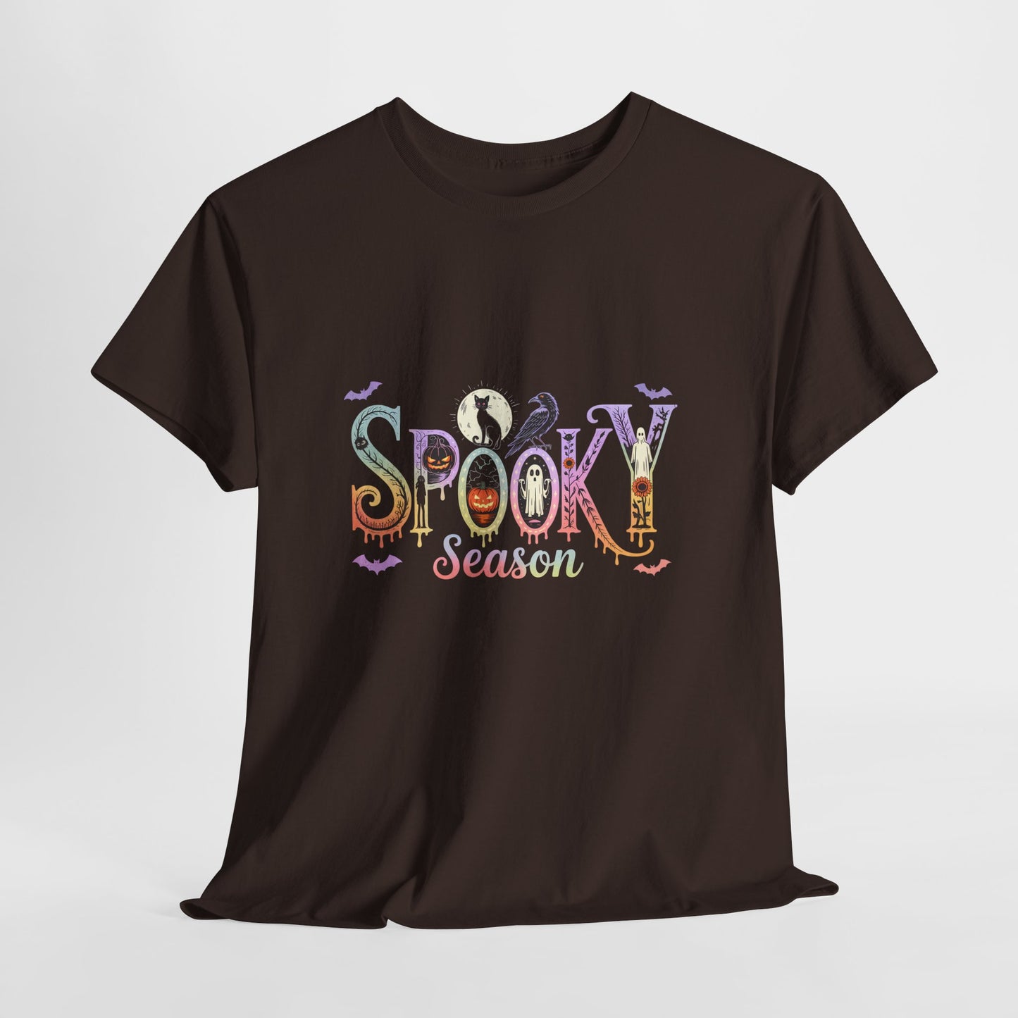 Spooky Season Gothic T-Shirt with Ghosts, Black Cat, Raven & Pumpkins