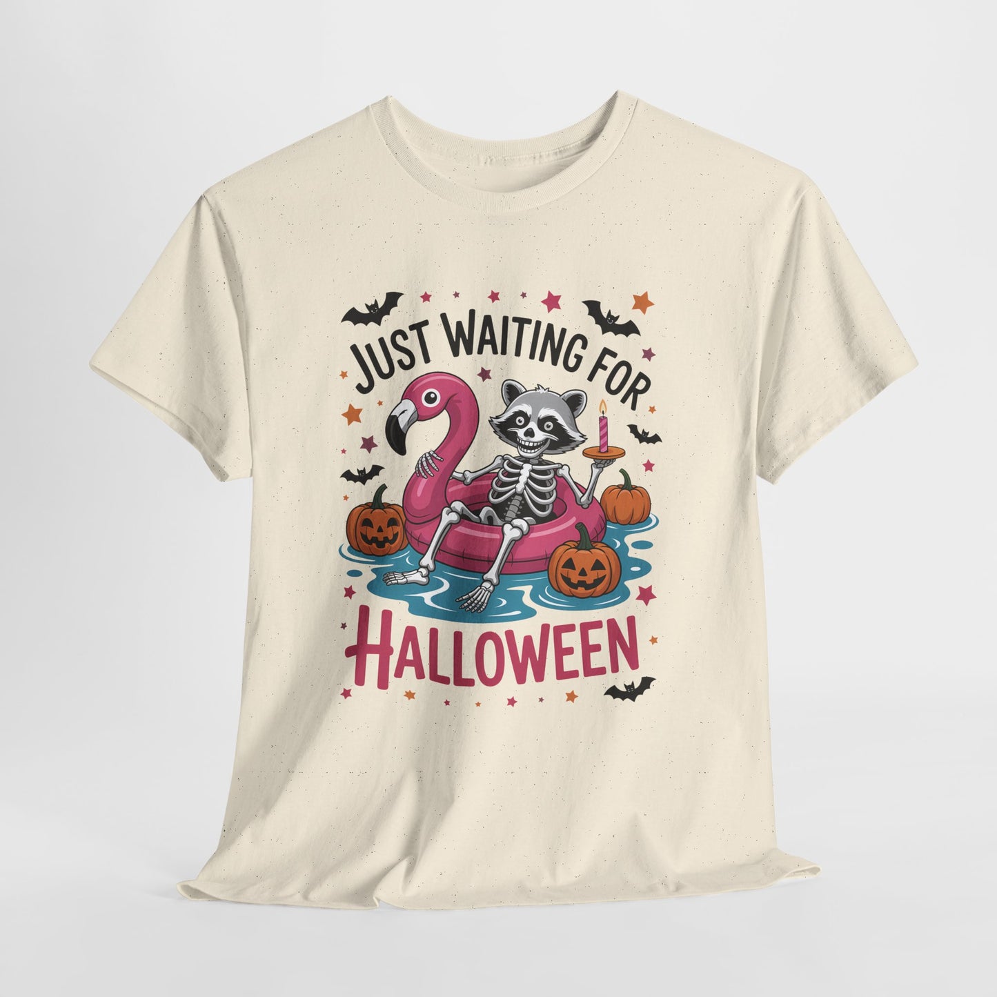 Just Waiting for Halloween T-Shirt - Raccoon Skeleton Flamingo Tee