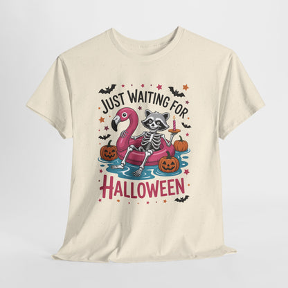 Just Waiting for Halloween T-Shirt - Raccoon Skeleton Flamingo Tee
