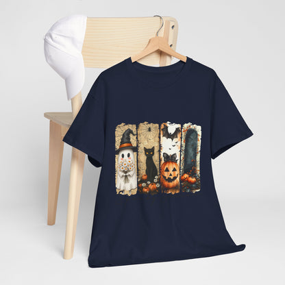 Spooky Season Panels Halloween T-Shirt with Ghost, Black Cat, Jack-O-Lantern & Bats