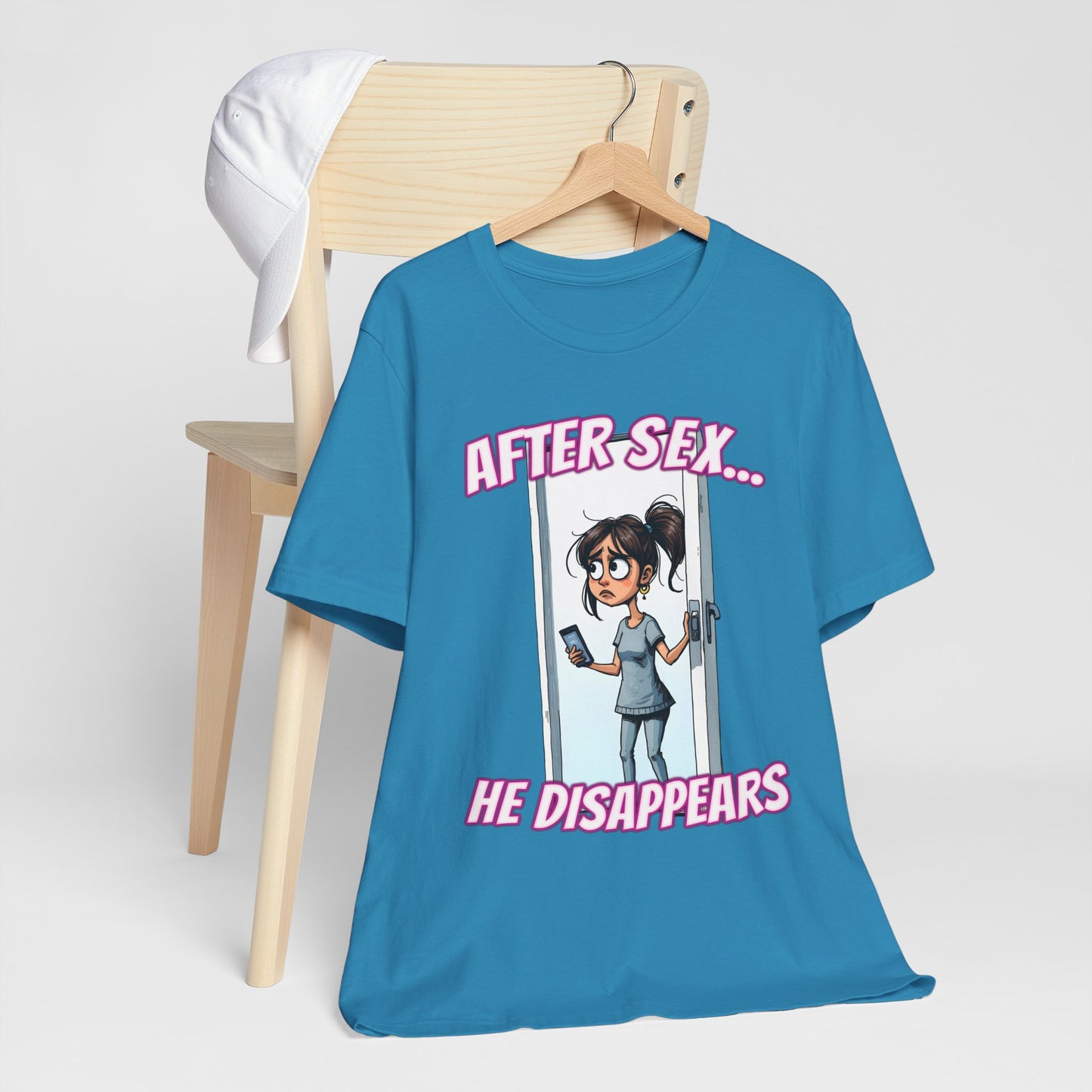 After Sex He Disappears Shirt - Funny Ghosting Cartoon Tee - Modern Dating Humor T-Shirt for Sarcastic Souls
