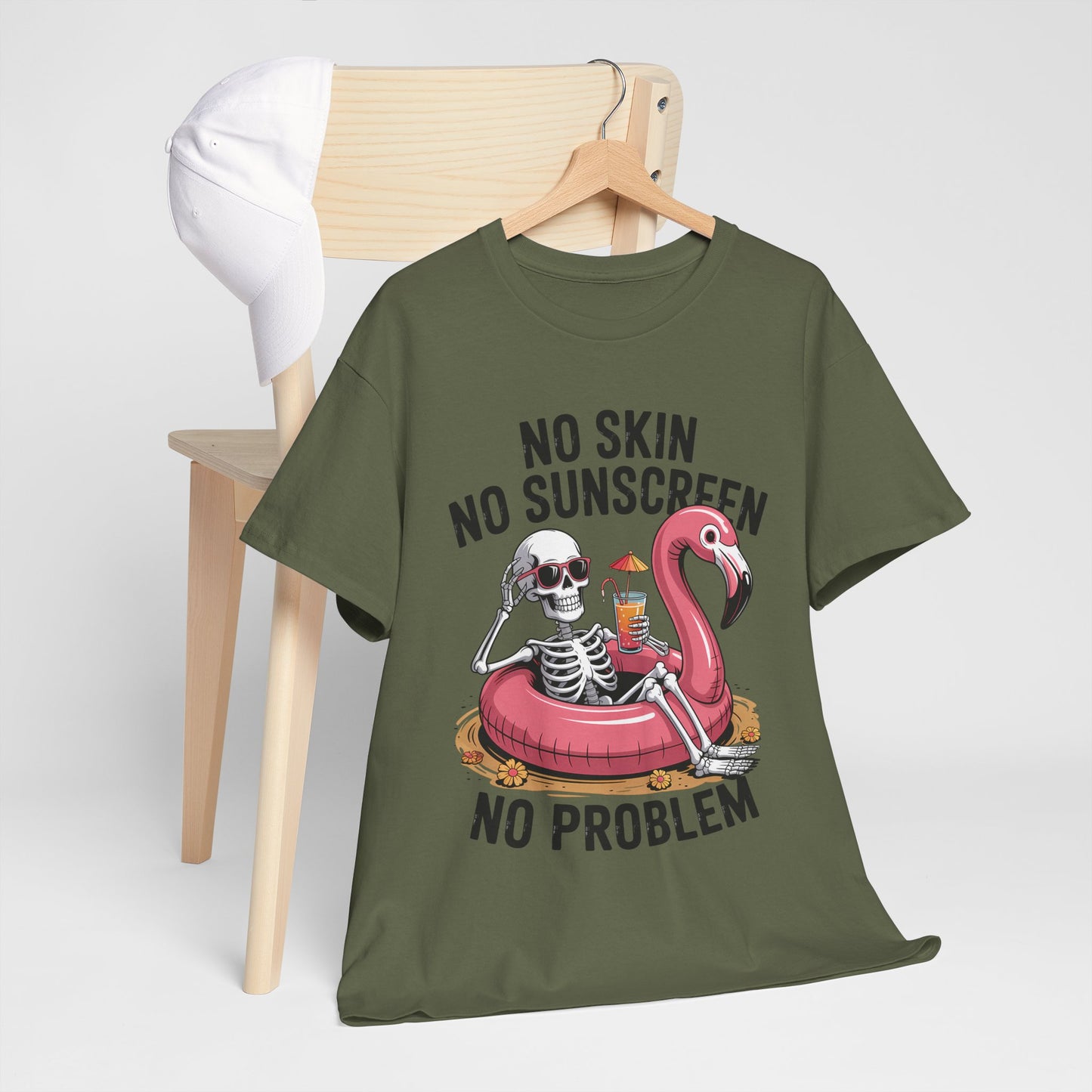 No Skin No Sunscreen T-Shirt - Skeleton Flamingo Summer Tee