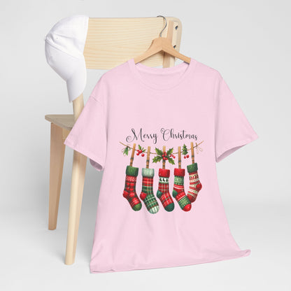Merry Christmas Stockings T-Shirt - Five Plaid Stockings on Garland