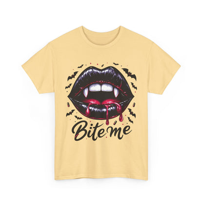 Bite Me Vampire Lips T-Shirt - Gothic Fangs & Bats Halloween Tee