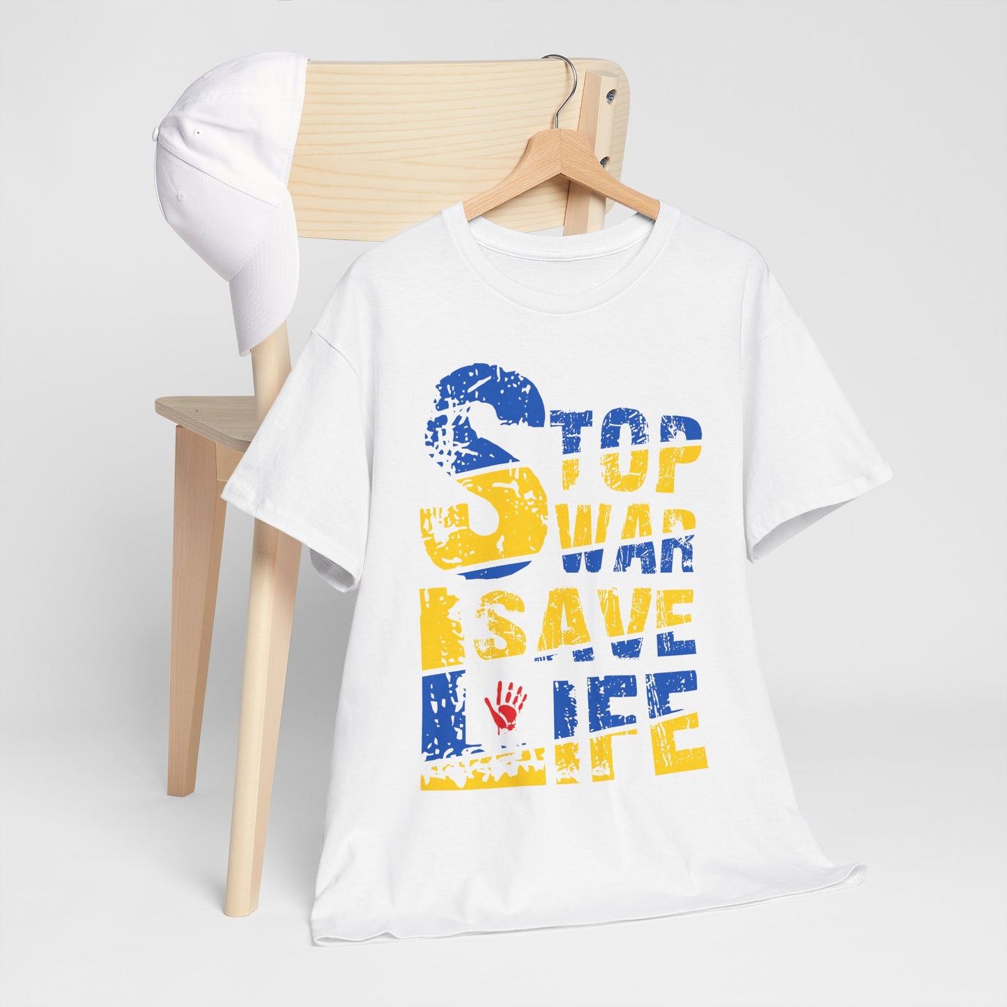 Stop War Save Life Shirt - Blue & Yellow Anti-War Tee, Ukraine Support T-Shirt with Red Handprint, Peace and Solidarity Gift