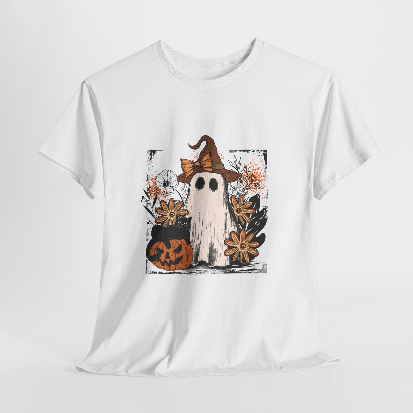 Floral Ghost Cat Pumpkin Halloween T-Shirt - Witch Hat Bow x Jack-O-Lantern
