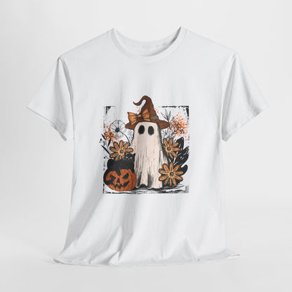 Floral Ghost Cat Pumpkin Halloween T-Shirt - Witch Hat Bow x Jack-O-Lantern