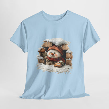 Peeking Snowman Window Christmas - Cute Snowy Brick Window Snowman Tee