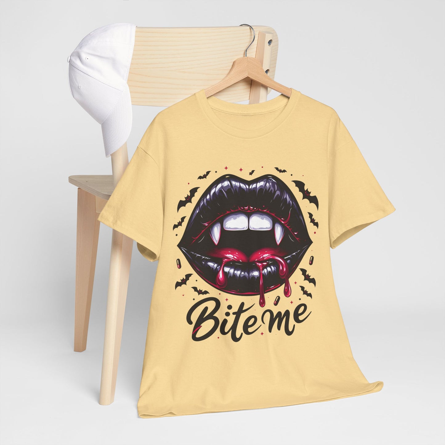 Bite Me Vampire Lips T-Shirt - Gothic Fangs & Bats Halloween Tee