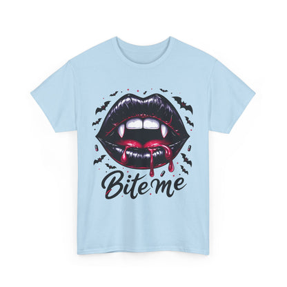 Bite Me Vampire Lips T-Shirt - Gothic Fangs & Bats Halloween Tee