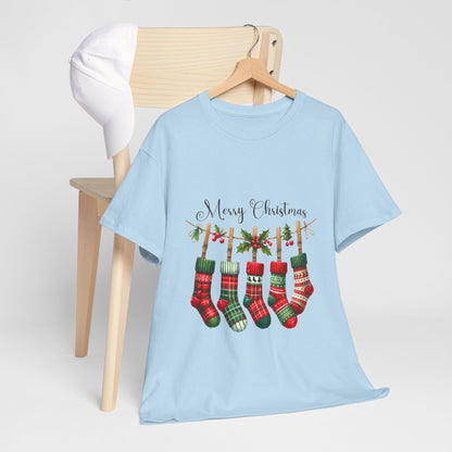 Merry Christmas Stockings T-Shirt - Five Plaid Stockings on Garland