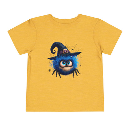 Cute Blue Fuzzy Spider Kids T-Shirt - Witch Hat Halloween Toddler Tee