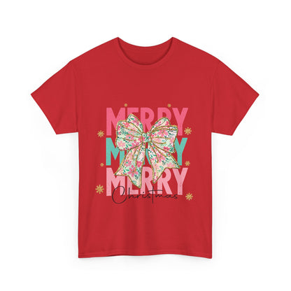 Merry Merry Merry Christmas T-Shirt - Floral Bow Pastel Tee