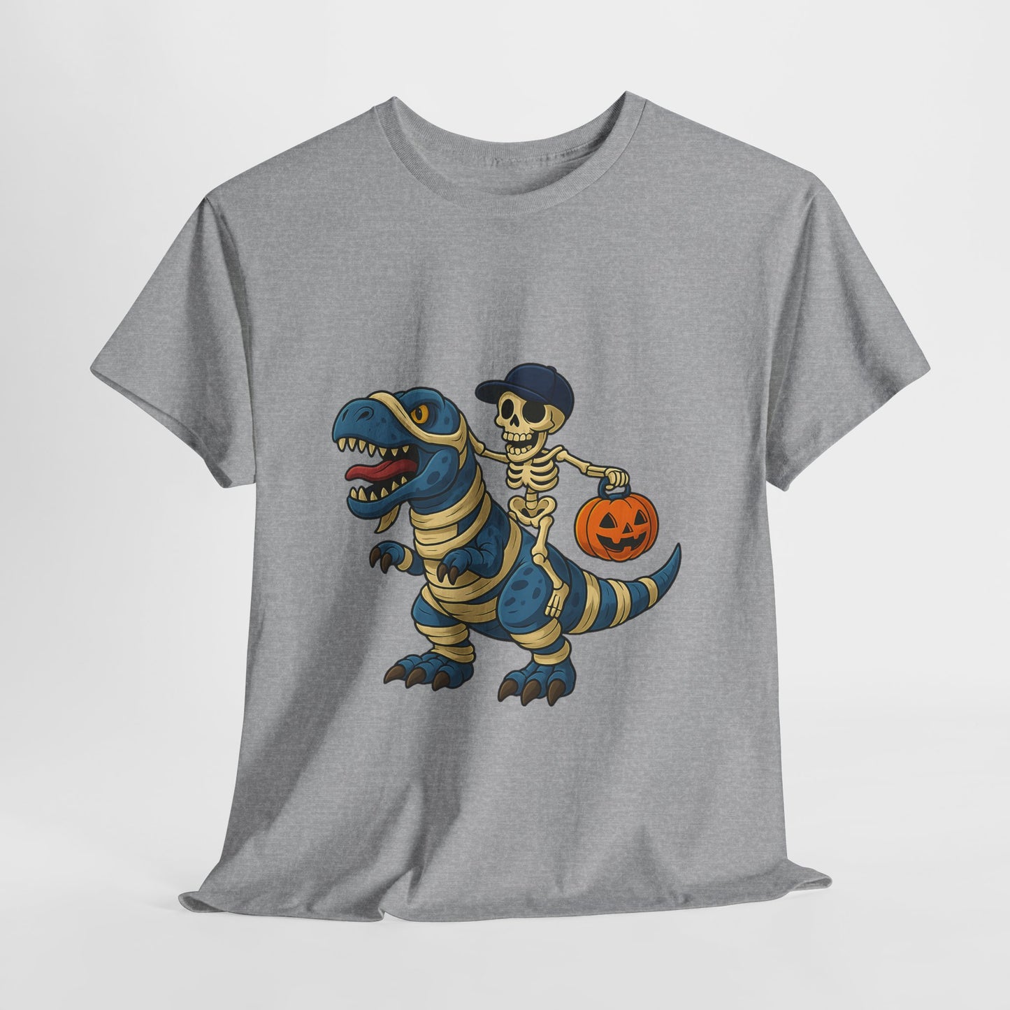 Skeleton Riding T-Rex Halloween T-Shirt - Dinosaur Mummy Wrap Tee