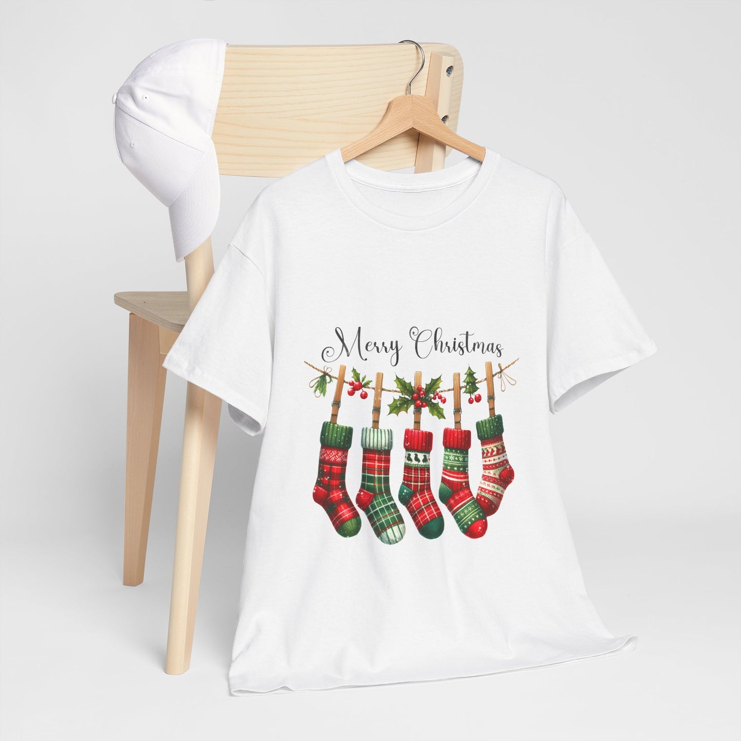 Merry Christmas Stockings T-Shirt - Five Plaid Stockings on Garland