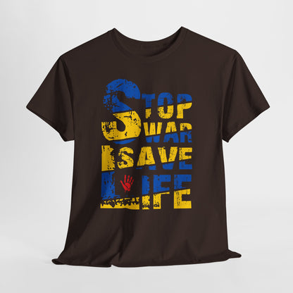 Stop War Save Life Shirt - Blue & Yellow Anti-War Tee, Ukraine Support T-Shirt with Red Handprint, Peace and Solidarity Gift