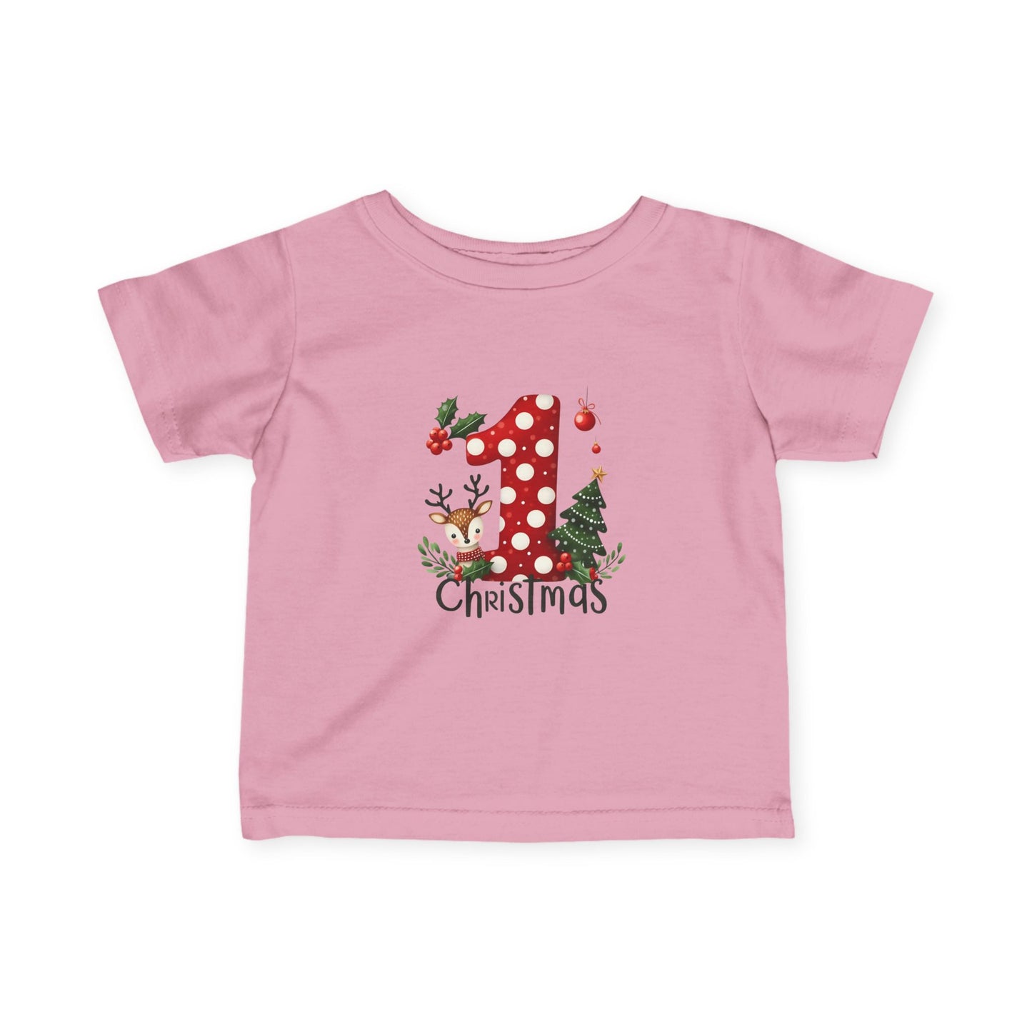 Baby’s First Christmas Polka Dot Infant T-Shirt – Reindeer & Tree Holiday Tee