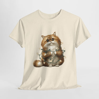 Christmas Lights Cat T-Shirt - Cute Kitty Tangled in Fairy Lights
