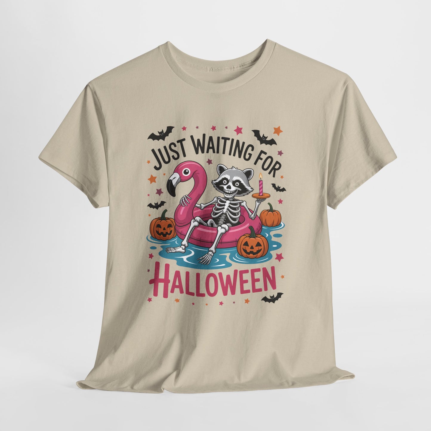 Just Waiting for Halloween T-Shirt - Raccoon Skeleton Flamingo Tee