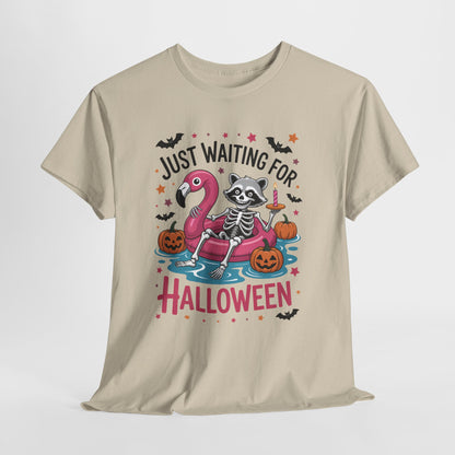 Just Waiting for Halloween T-Shirt - Raccoon Skeleton Flamingo Tee