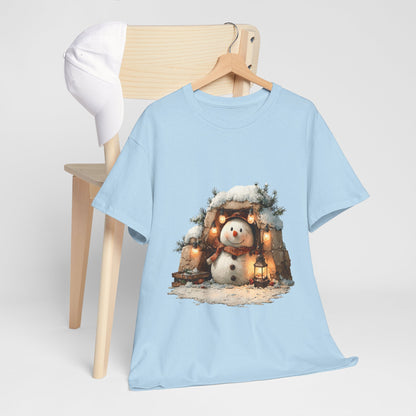 Cozy Lantern Snowman Christmas T-Shirt - Rustic Christmas Snowman with String Lights