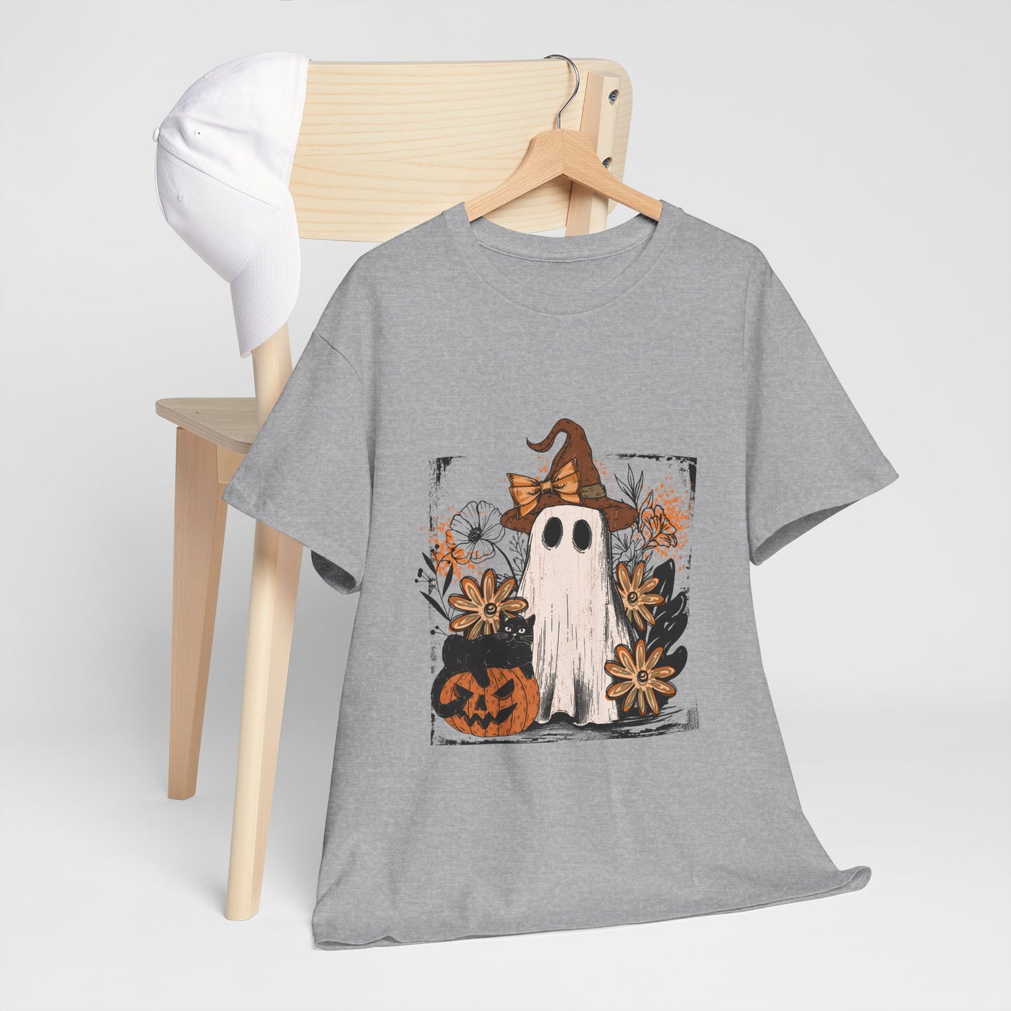Floral Ghost Cat Pumpkin Halloween T-Shirt - Witch Hat Bow x Jack-O-Lantern