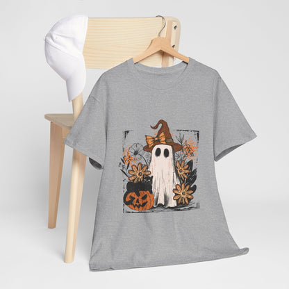 Floral Ghost Cat Pumpkin Halloween T-Shirt - Witch Hat Bow x Jack-O-Lantern