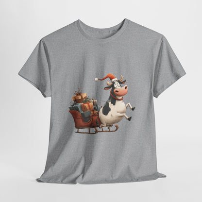 Santa Cow Sleigh Christmas T-Shirt - Funny Cow Pulling Sleigh Tee