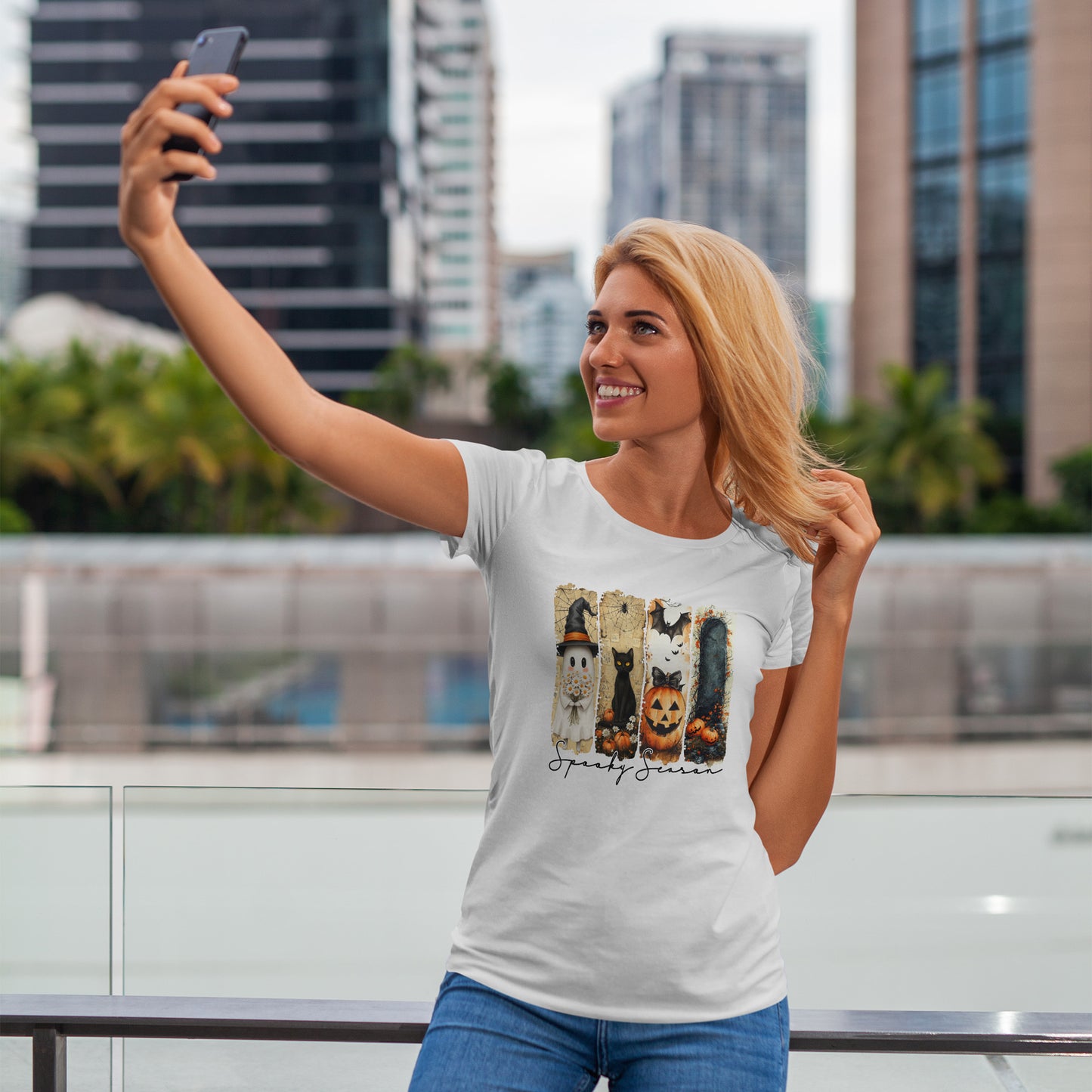 Spooky Season Panels Halloween T-Shirt with Ghost, Black Cat, Jack-O-Lantern & Bats