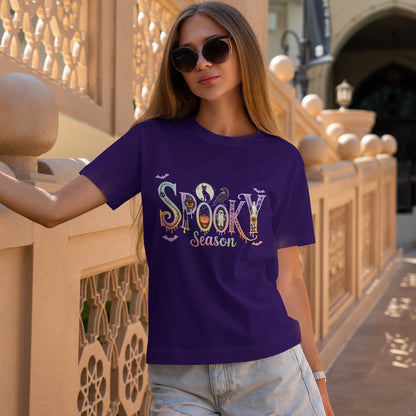 Spooky Season Gothic T-Shirt with Ghosts, Black Cat, Raven & Pumpkins