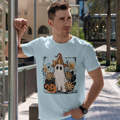 Floral Ghost Cat Pumpkin Halloween T-Shirt - Witch Hat Bow x Jack-O-Lantern