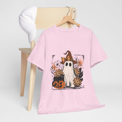 Floral Ghost Cat Pumpkin Halloween T-Shirt - Witch Hat Bow x Jack-O-Lantern