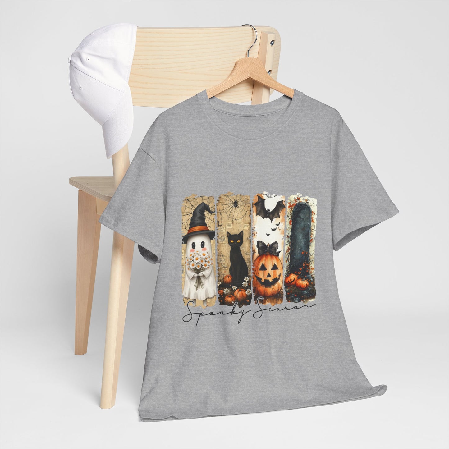 Spooky Season Panels Halloween T-Shirt with Ghost, Black Cat, Jack-O-Lantern & Bats