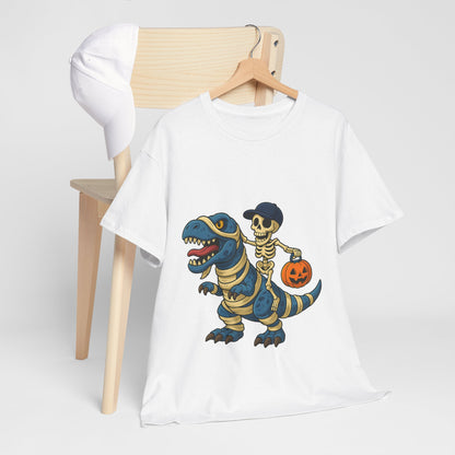 Skeleton Riding T-Rex Halloween T-Shirt - Dinosaur Mummy Wrap Tee