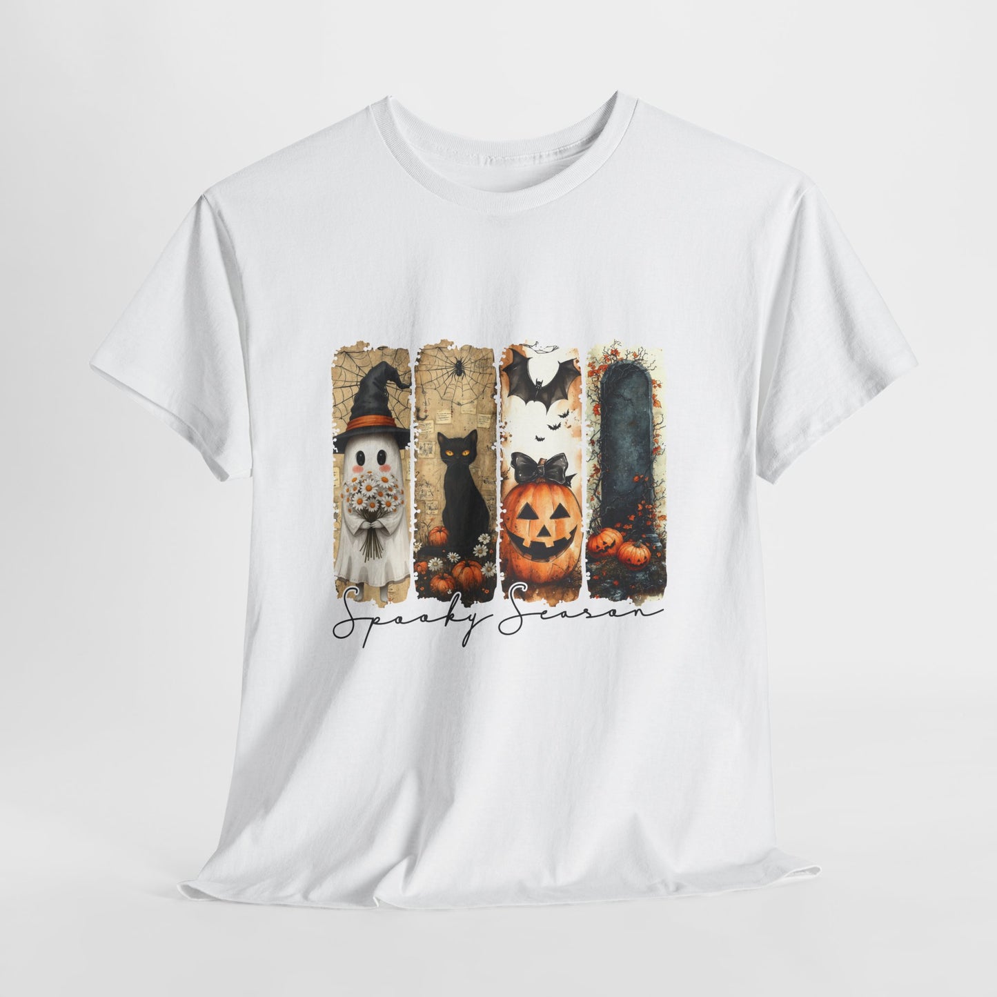 Spooky Season Panels Halloween T-Shirt with Ghost, Black Cat, Jack-O-Lantern & Bats